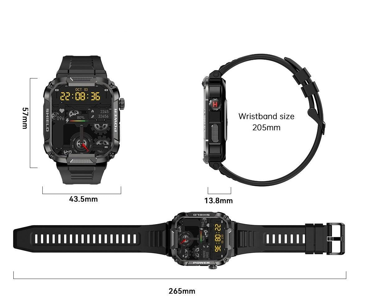 Rugged Military Smart Watch For Men | Compatible With Android And IOS | AI Voice | Bluetooth Call Smartwatch | Size | Specifications