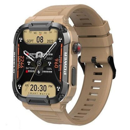 Rugged Military Smart Watch For Men | Compatible With Android And IOS | AI Voice | Bluetooth Call Smartwatch | Khaki